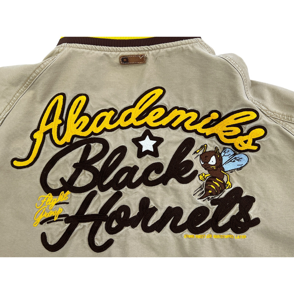 Akademiks Bomber Jacket Men's XXXL Black Hornets Beige Retro Street wear Vintage - Picture 9 of 14
